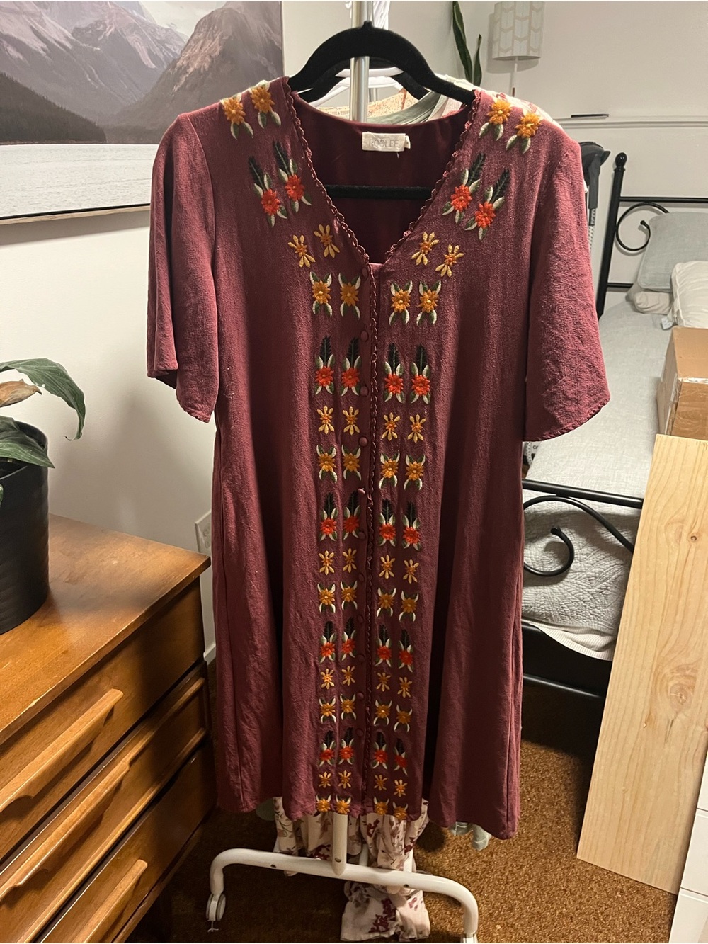 Roolee Burgundy Floral Embroidered V-Neck Tunic